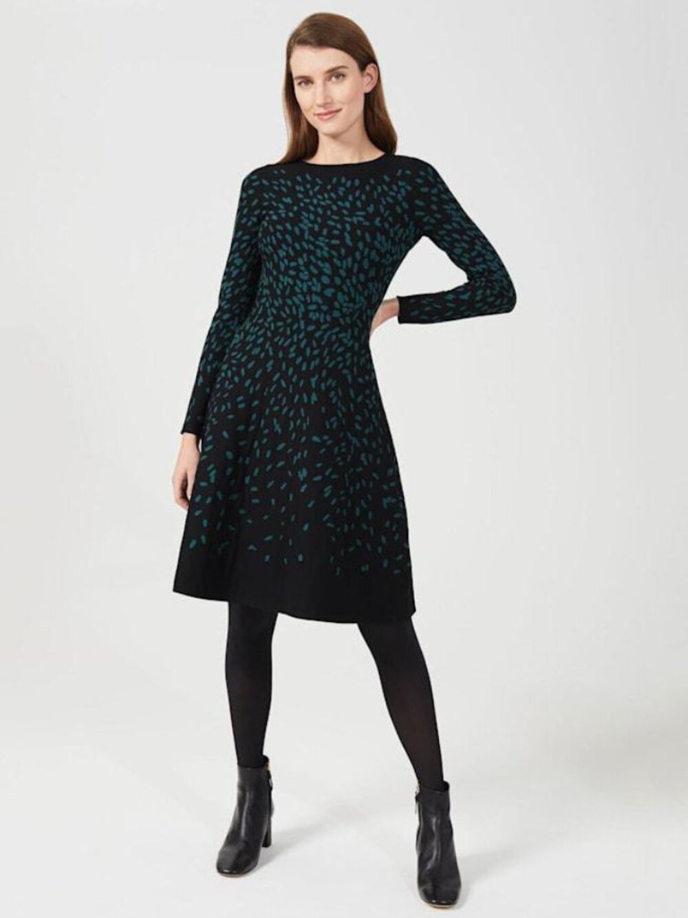 HOBBS Jodie Knitted Dress Fit and Flare Office to Evening Black & Teal